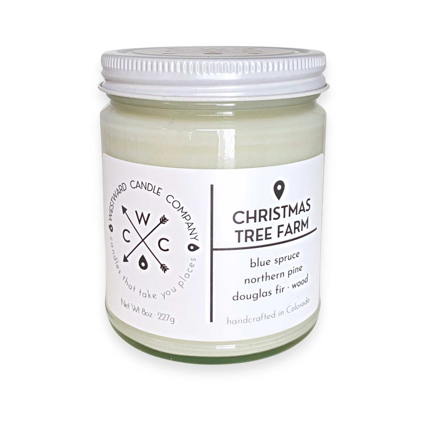 Christmas Tree Farm Soy Candle. Gender neutral design. Handmade in Colorado with 100% soy wax, lead-free wick, phthalate-free fragrance oil.