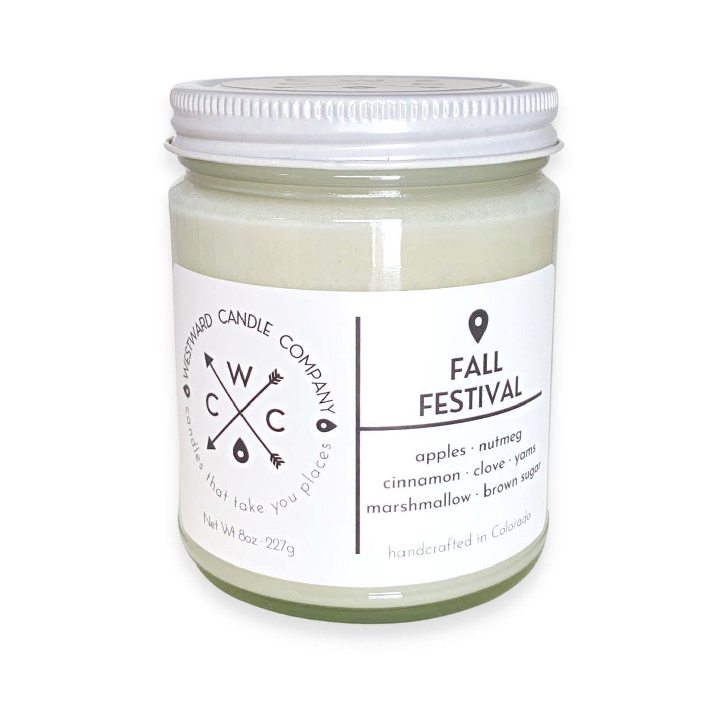 Fall Festival Soy Candle. Westward's Fall Festival candle combines the familiar scents of an autumn afternoon well spent. Gender neutral design. Handmade in Colorado with 100% soy wax, lead-free wick, phthalate-free fragrance oil and essential oil blend. Apples, Nutmeg, Cinnamon, Clove, Yams, Marshmallow, and Brown Sugar.