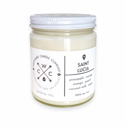 Saint Lucia Soy Candle. Mangos are grown in tropical regions all around the world, but one of the most beautiful places to experience the mango is the Eastern Caribbean island nation of Saint Lucia. Even those who may not love the taste of mango are sure to delight in the sweet tropical smell. Westward's Saint Lucia candles deliver a burst of ripe mango, balanced with creamy coconut milk, pineapple, orange, and a touch of peach.