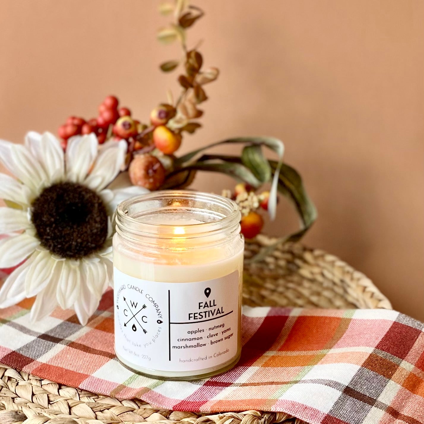 Fall Festival Soy Candle. Westward's Fall Festival candle combines the familiar scents of an autumn afternoon well spent. Gender neutral design. Handmade in Colorado with 100% soy wax, lead-free wick, phthalate-free fragrance oil and essential oil blend. Apples, Nutmeg, Cinnamon, Clove, Yams, Marshmallow, and Brown Sugar.