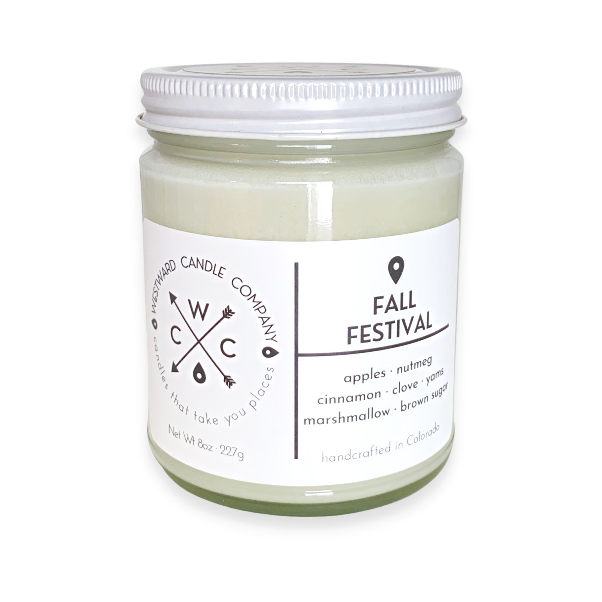 Fall Festival Soy Candle. Westward's Fall Festival candle combines the familiar scents of an autumn afternoon well spent. Gender neutral design. Handmade in Colorado with 100% soy wax, lead-free wick, phthalate-free fragrance oil and essential oil blend. Apples, Nutmeg, Cinnamon, Clove, Yams, Marshmallow, and Brown Sugar. 