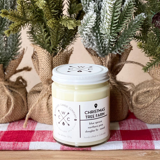 Christmas Tree Farm Soy Candle. Gender neutral design. Handmade in Colorado with 100% soy wax, lead-free wick, phthalate-free fragrance oil.