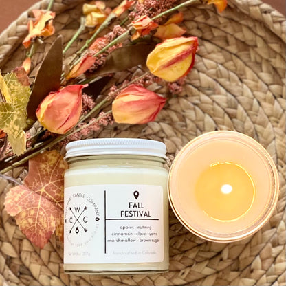 Fall Festival Soy Candle. Westward's Fall Festival candle combines the familiar scents of an autumn afternoon well spent. Gender neutral design. Handmade in Colorado with 100% soy wax, lead-free wick, phthalate-free fragrance oil and essential oil blend. Apples, Nutmeg, Cinnamon, Clove, Yams, Marshmallow, and Brown Sugar.