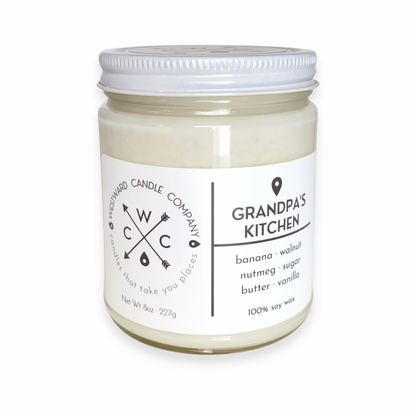 Grandpa's Kitchen Soy Candle. Many people have fond memories of going to Grandma's house and smelling comforting aromas of goodies baking in the oven. In our family, my grandfather did the baking and he loved whipping up loaves of banana bread. Westward's Grampa's Kitchen candle features the unmistakable scent of warm banana nut bread. Banana, Walnut, Nutmeg, Sugar, Butter, Vanilla.